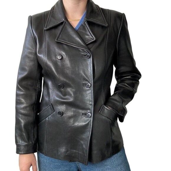 Vintage 1990s Ann Taylor Black Leather Double Breasted Moto Biker Jacket Sz S - Picture 1 of 9